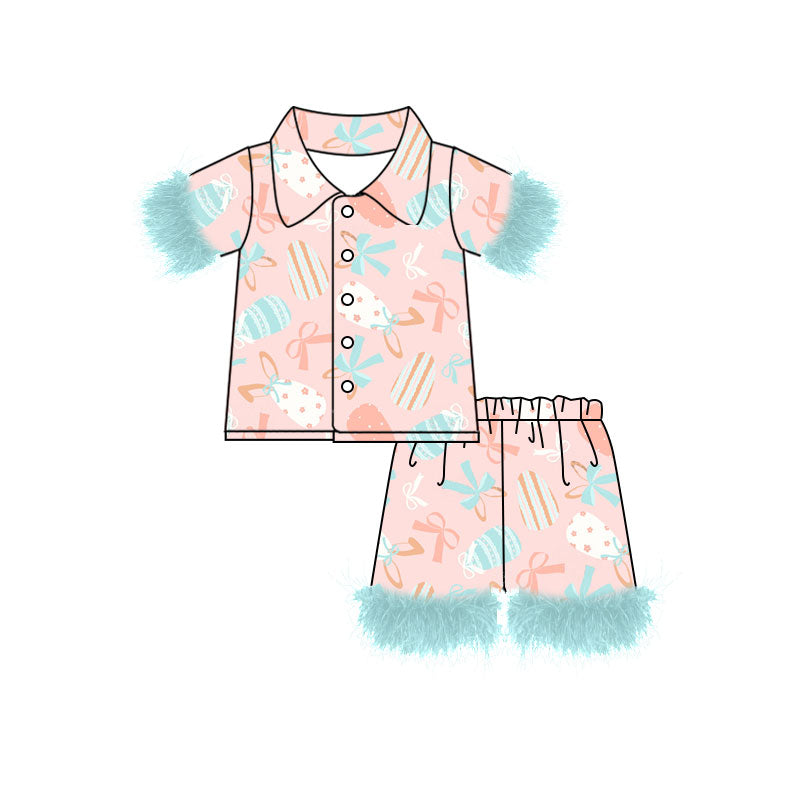 Preorder (moq 5)Baby Girls Bows Eggs Button Top Shorts Easter Fur Pajamas Sets