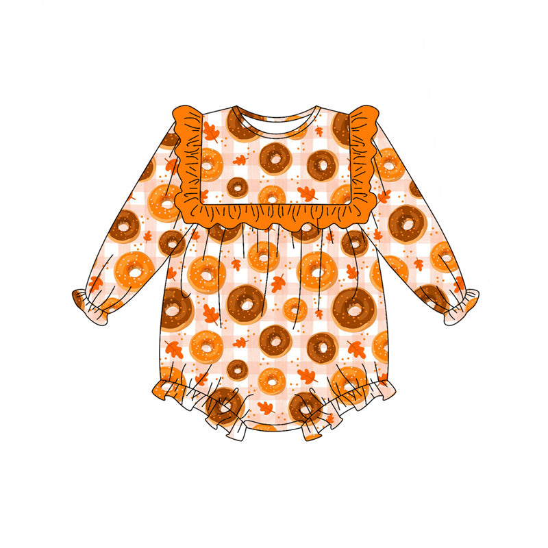 Preorder (moq 5)Baby Girls Long Sleeves Orange Plaid Leaves Cakes Ruffle Rompers
