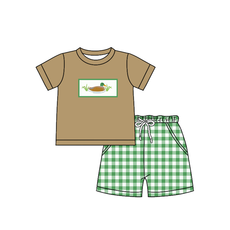Preorder (moq 5)Baby Boys Khaki Short Sleeves Duck Top Pockets Green Plaid Short Set