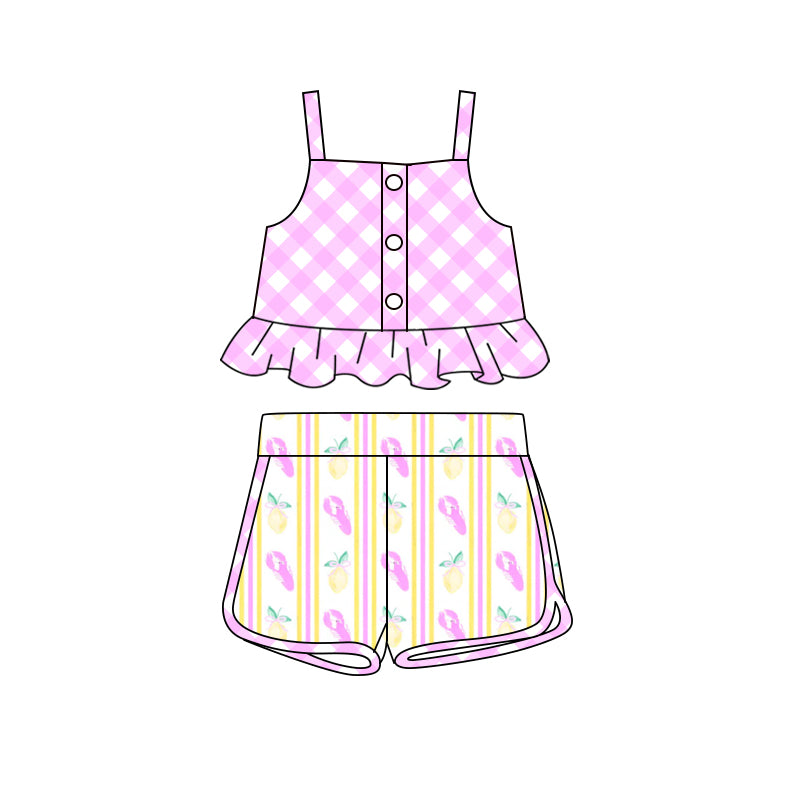 Preorder (moq 5)Baby Girls Pink Checkered Straps Top Crawfish Shorts Clothes Sets