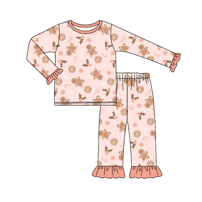 Preorder (moq 5)Baby Girls Peach Long Ruffle Sleeves Candy Cane Gingerbread Top Pant Pajamas Set