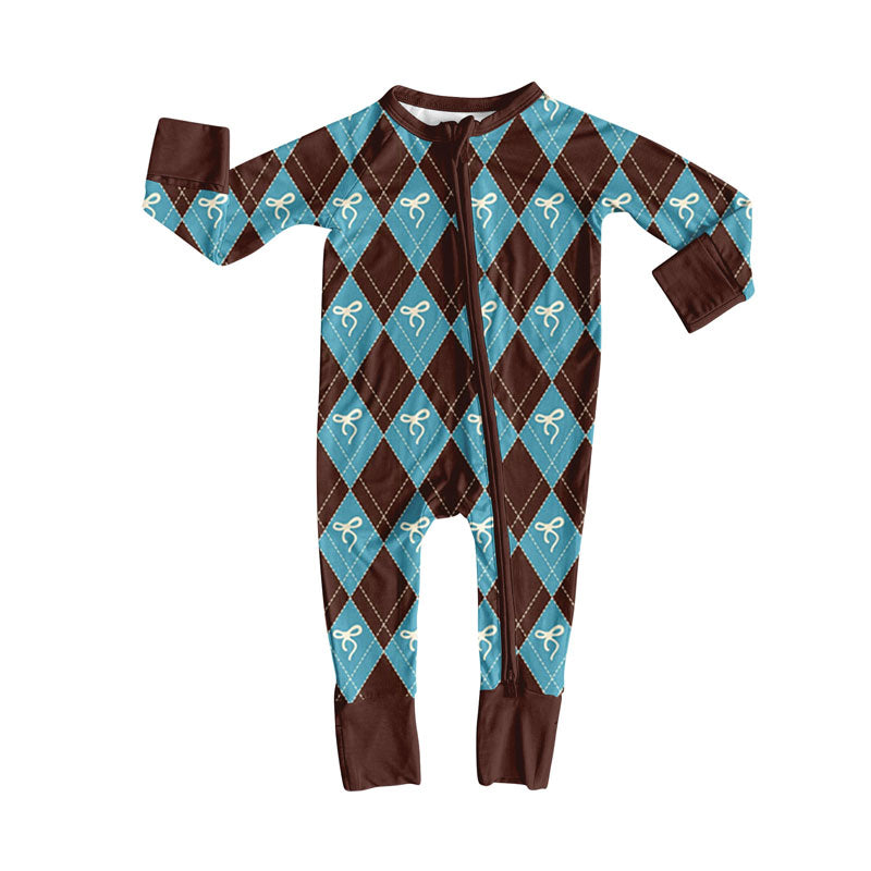 Preorder (moq 5)Baby Girls Brown Blue Checked Bows Zipper Footie Rompers