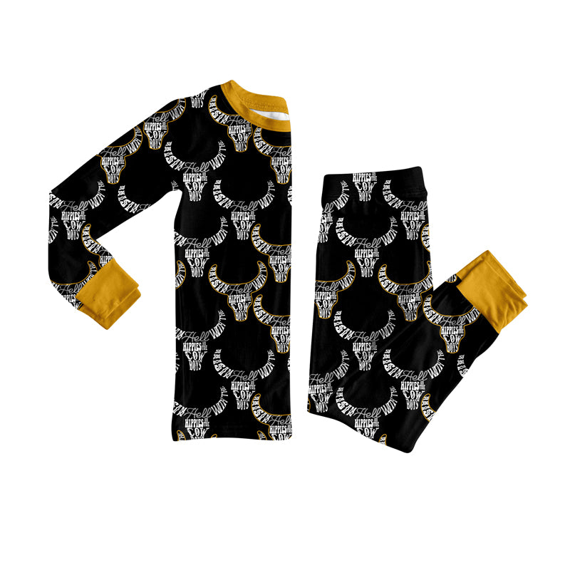 Preorder (moq 5)Baby Boys Black Bull Skulls Cowboys Top Pants Western Pajamas Sets