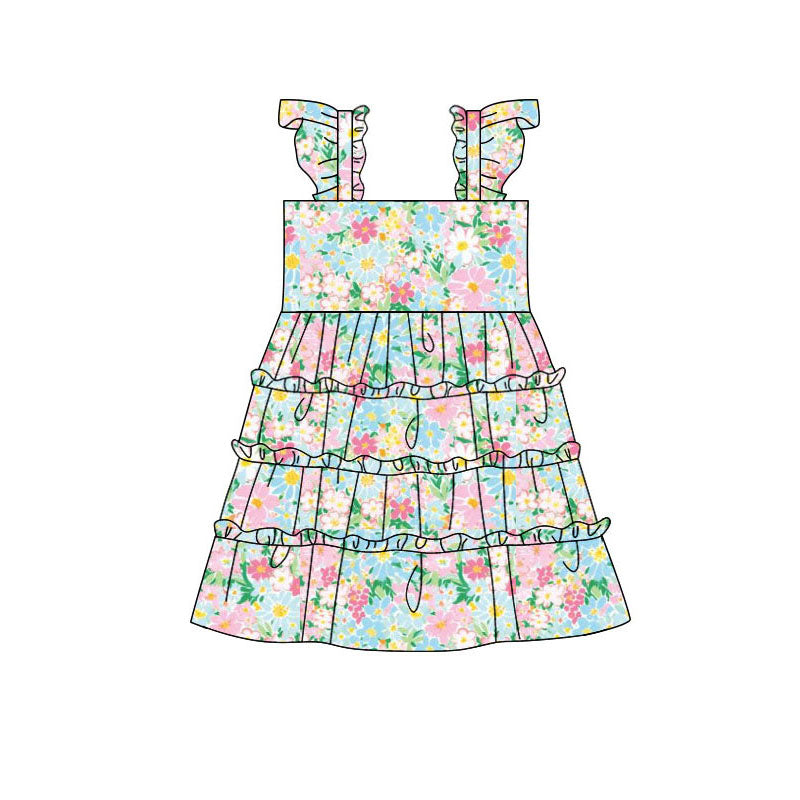 Preorder(moq 5) Baby Girls Colorful Floral Patchwork Knee Length Dresses