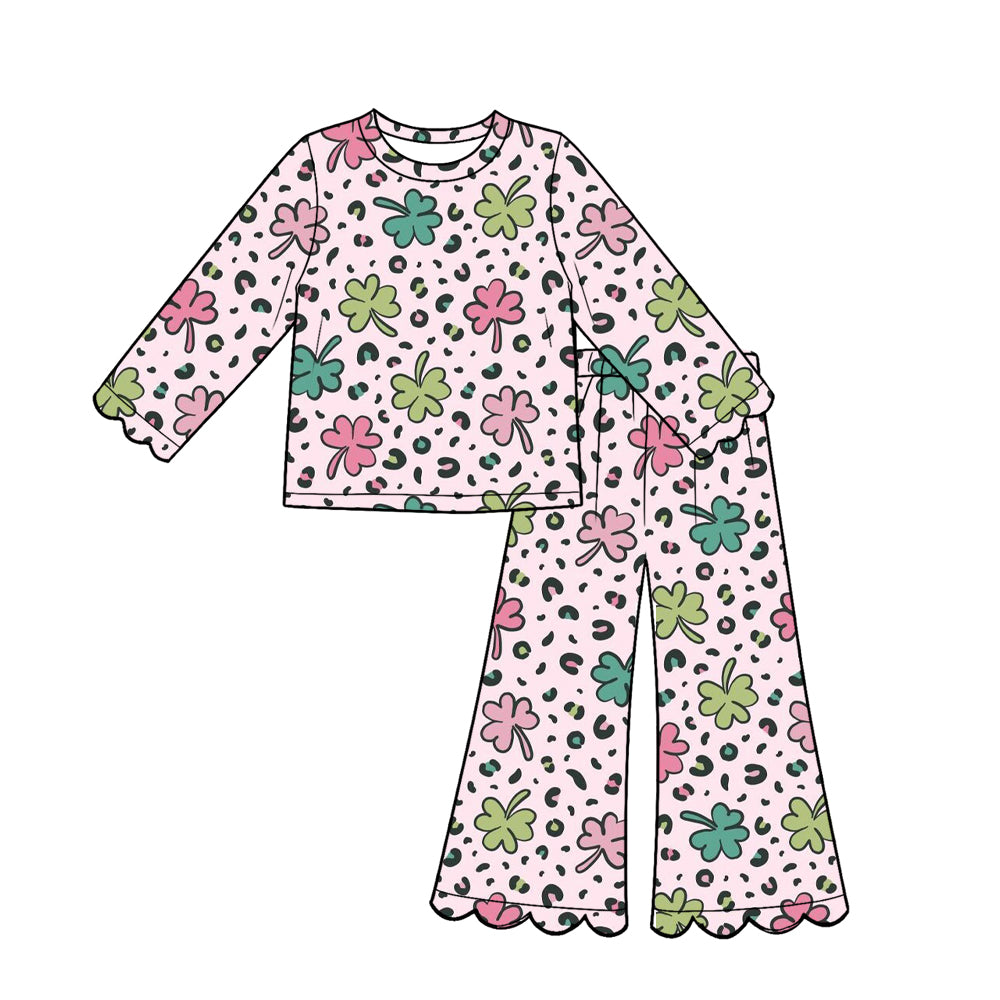 Preorder (moq 5) Baby Girl St Patrick Pink Leopard Clover Print Long‑Sleeve Top Scalloped Flare Pants Set
