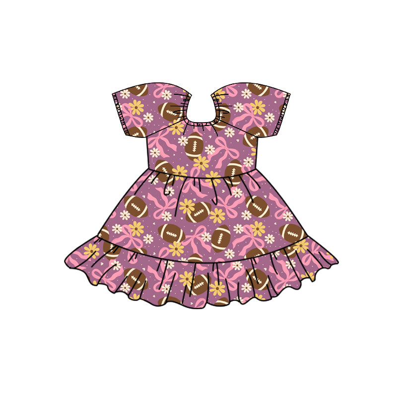 Preorder (moq 5)Baby Girls Pink Bows Footballs Flowers Team Ruffle Knee Length Dresses