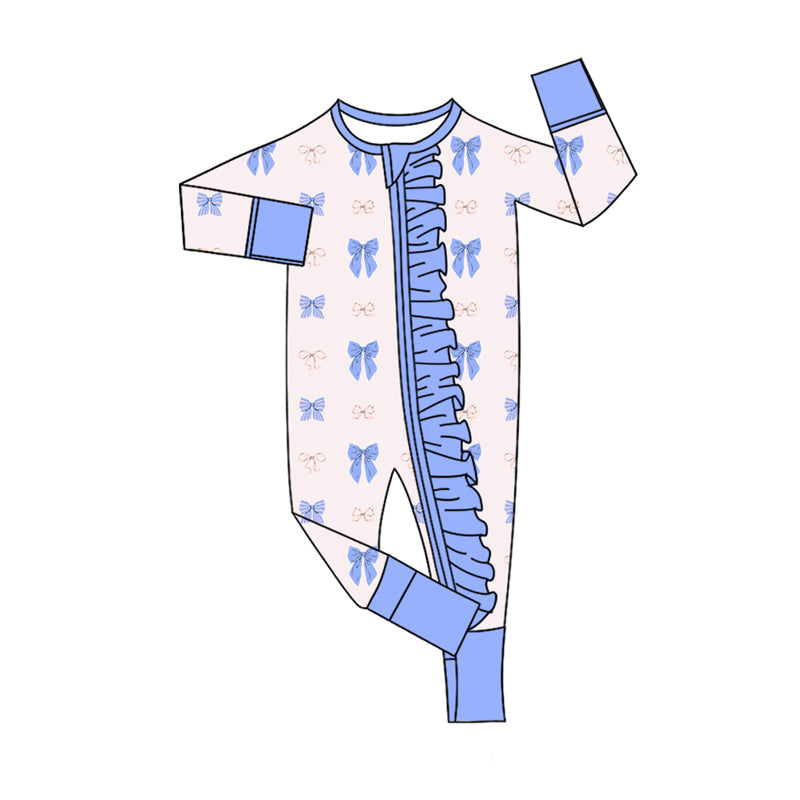 Preorder(moq 5)Baby Infant Girls Pink Blue Bows Plaid Ruffle Zipper Rompers