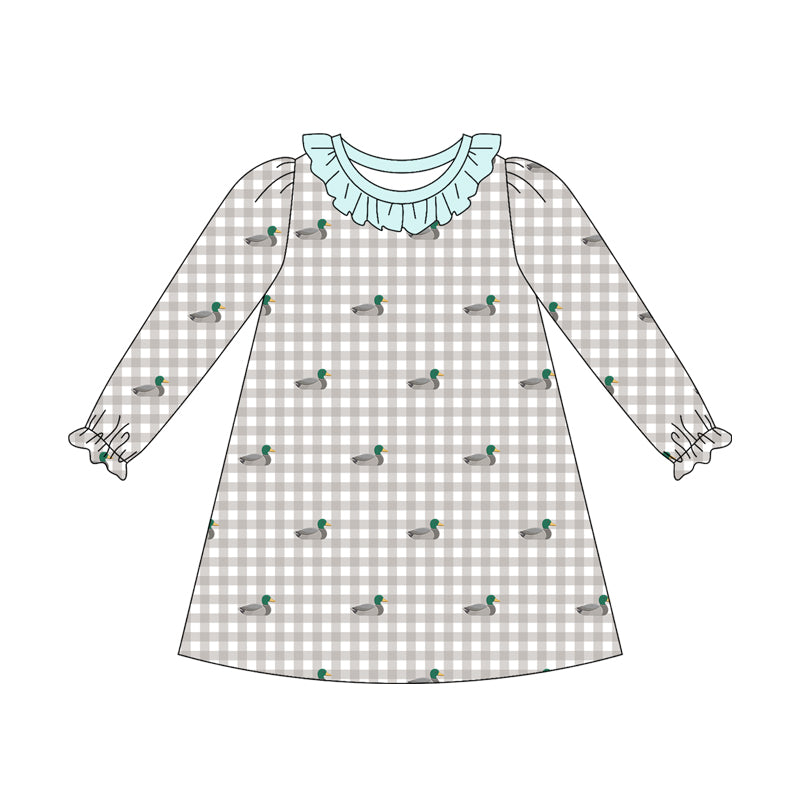 Preorder (moq 5)Baby Girls Long Ruffle Sleeve Ducks Checked Hunting Knee Length Dress