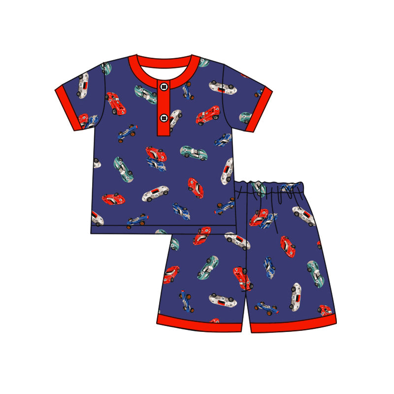 Preorder (moq 5)Baby Boys Purple Short Sleeves Colorful Cars Button Top Short Pajamas Sets
