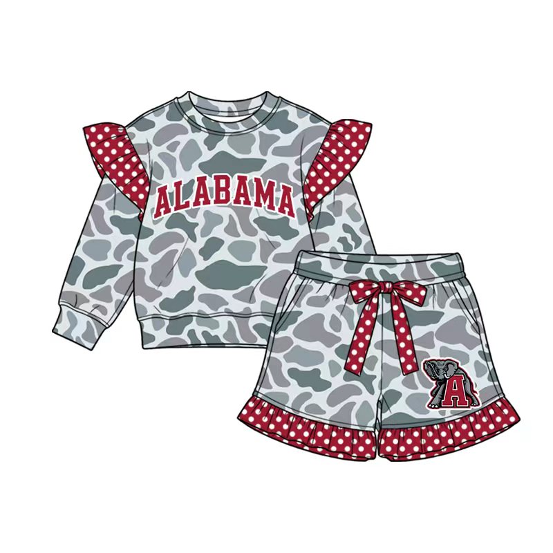Preorder (moq 5) Baby Girl Clothes Alabama Elephant Camo Polka Dot Ruffle Print Long Sleeve Top Short Set