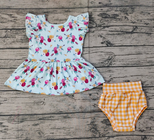 Baby Girls Flowers Mustard Flutter Sleeve Tunic Top Bummies Clothes Sets