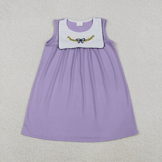 Sibling Baby Girls Mardigras Lavender Embroidery Bows Knee Length Dress Ruffle Rompers