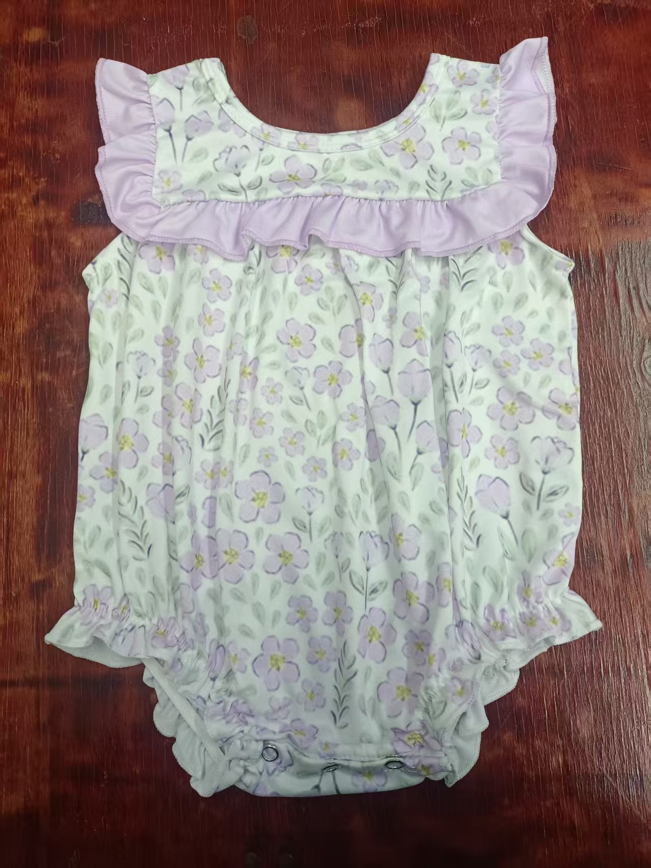 Preorder moq 5 Baby Girls Sleeveless Lavender Floral Ruffle Rompers
