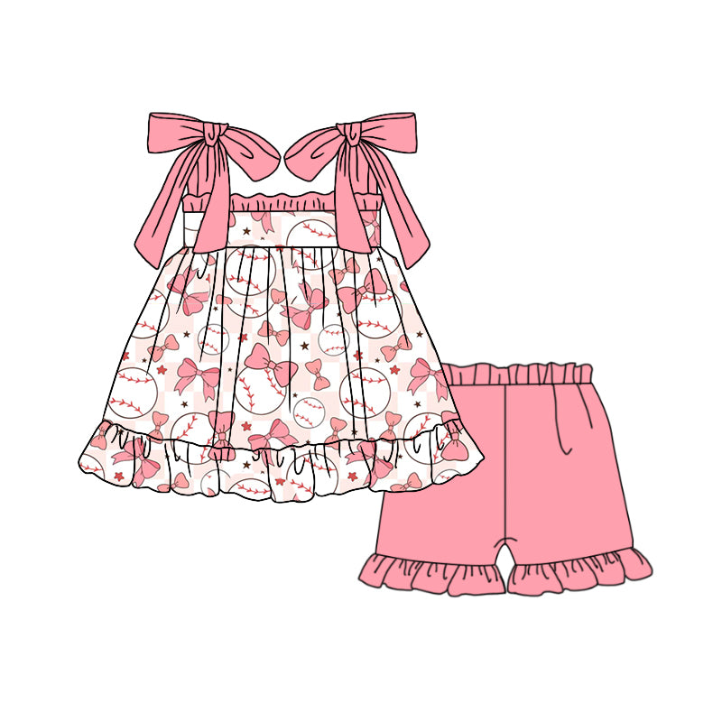 Baby Girls Baseball Bows Straps Straps Top Ruffle Shorts Clothes Sets Preorder(moq 5)