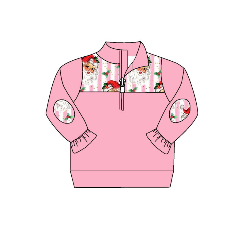 Baby Girls Pink Santa Christmas Long Sleeve Ruffle Zip Pullovers Preorder(moq 5)