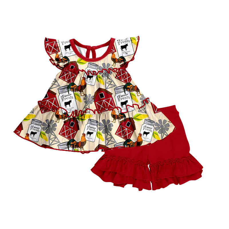 Baby Girls Red Farm Tunic Top Ruffle Shorts Clothes Sets preorder(moq 5)