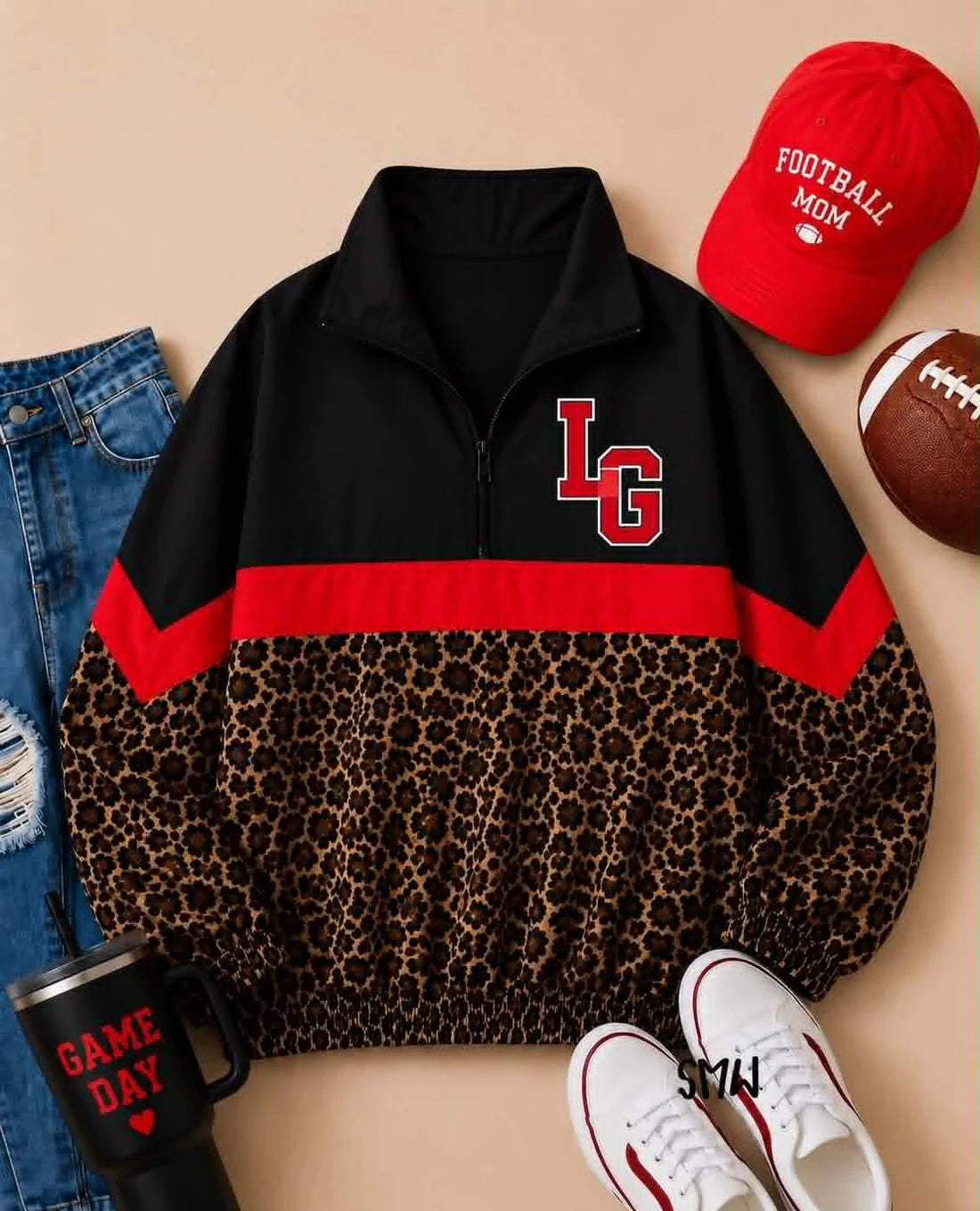 Preorder (moq 5)Baby Boys Long Sleeve Black Red Leopard LG Team Zip Pullovers Tops