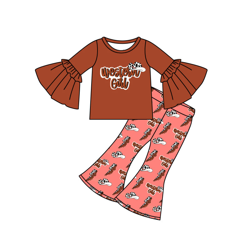 preorder(moq 5) Baby Girls Bell Sleeves Western Girl Top Flare Pants Set
