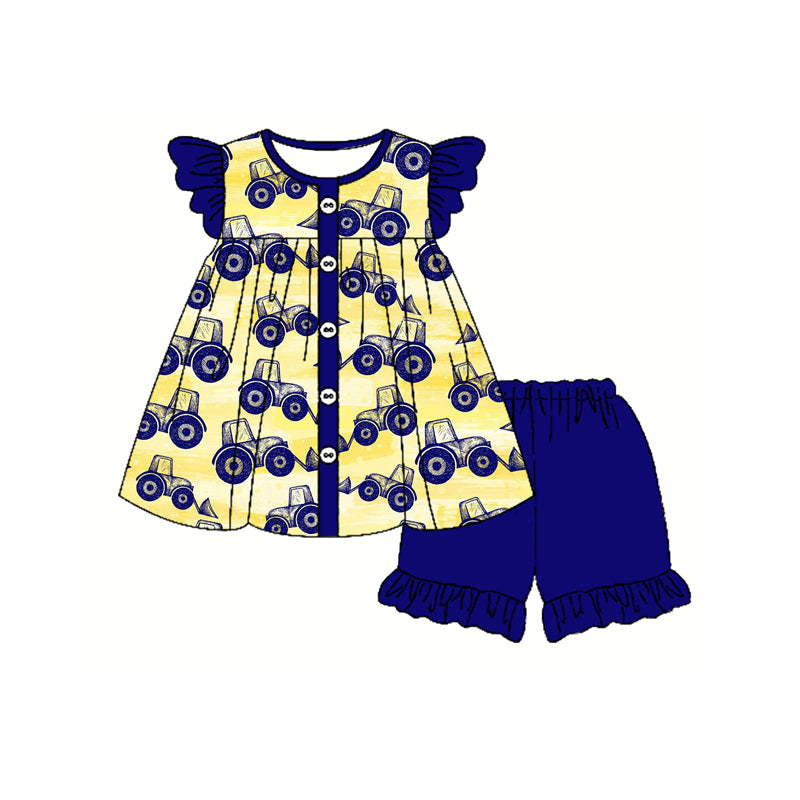 Preorder (moq 5)Baby Girls Hot Blue Flutter Sleeves Excavators Tunic Ruffle Shorts Clothes Sets