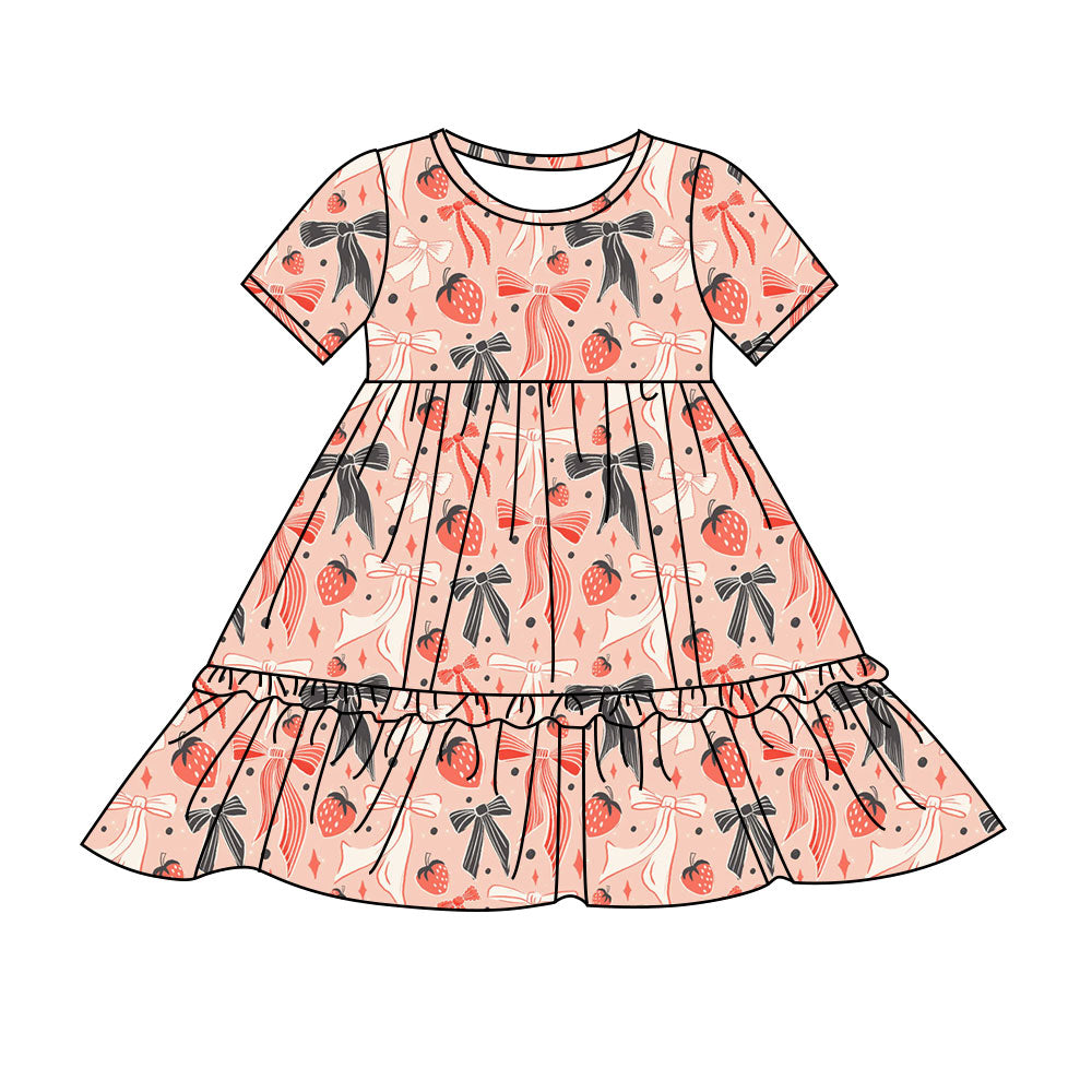 Preorder(moq 8)Baby Girls Red Black Strawberry Plaid Ruffle Knee Length Dresses