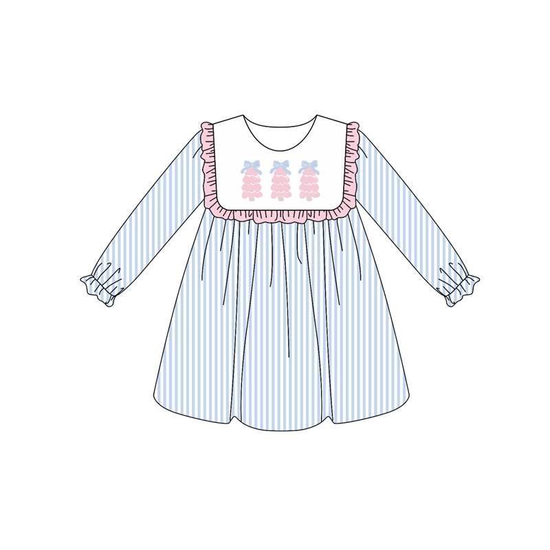 Preorder (moq 5)Baby Girls Long Ruffle Sleeves Blue Stripe Trees Knee Length Dresses