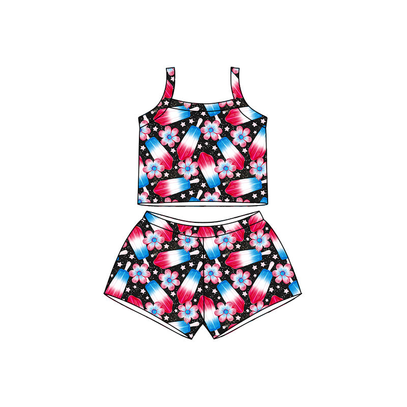 Preorder (moq 5)Baby Girls Strap Popsicle Flowers Top Shorts 4th of July Clothes Set