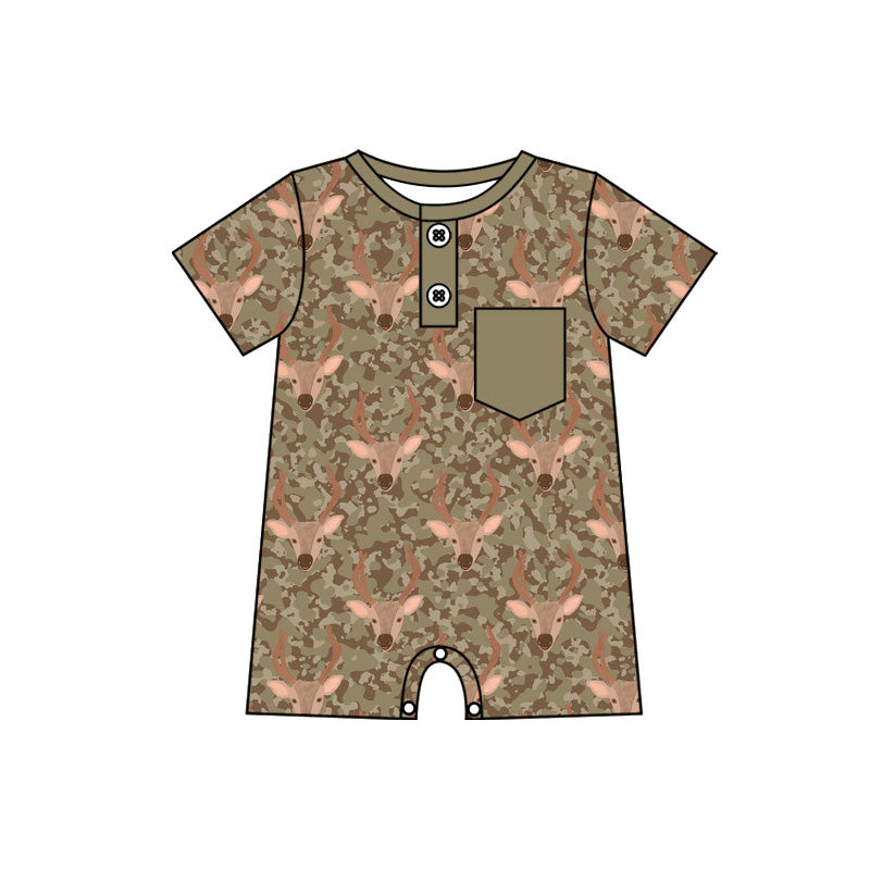 Preorder (moq 5)Baby Boys Southern Camo Deer Button Pocket Hunting Rompers