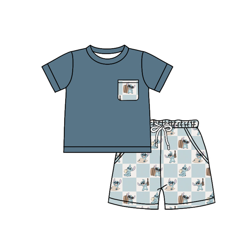 Preorder moq 5 Baby Boys Hot Blue Short Sleeves Pocket Top Cartoon Bunny Plaid Short Set