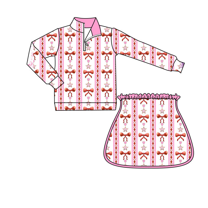 Preorder(moq 5) Baby Girls Hearst Bows Stripe Zipper Pullovers Skirt Shorts Valentine Clothes Sets