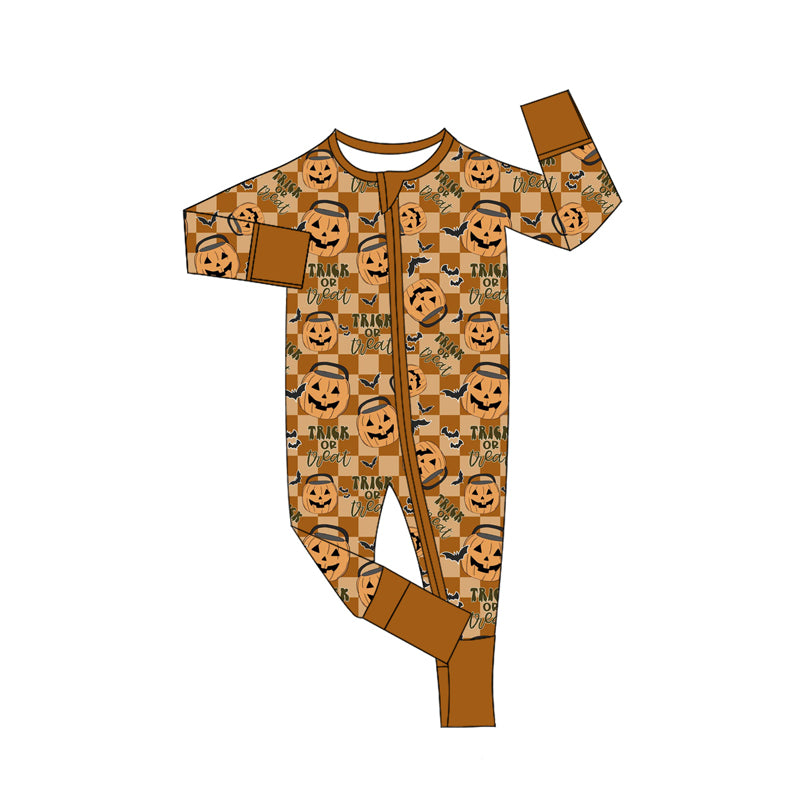 Preorder (moq 5)Baby Boys Khaki Plaid Long Sleeves Ghosts Pumpkins Zipper Pant Rompers