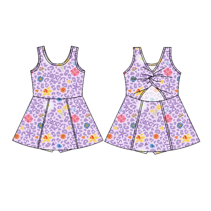 Preorder (moq 5)Baby Girls Sleeveless Lavender Leopard Daddy's Girl Shorts Knee Length Dresses