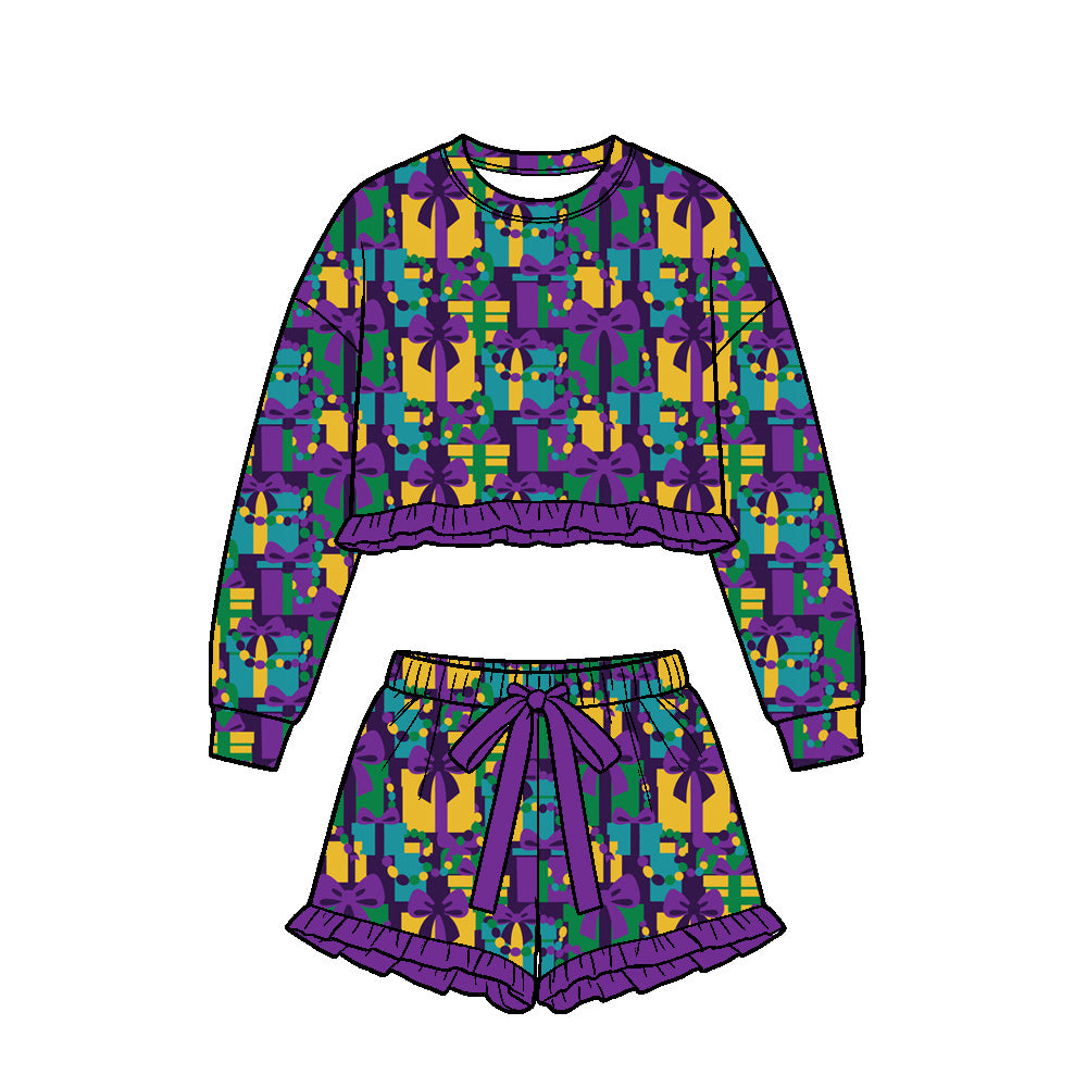 Preorder (moq 5) Baby Girl Mardi Gras Gift Box Bow Print Long Sleeve Ruffle Crop Top Bow Ruffle Shorts Set