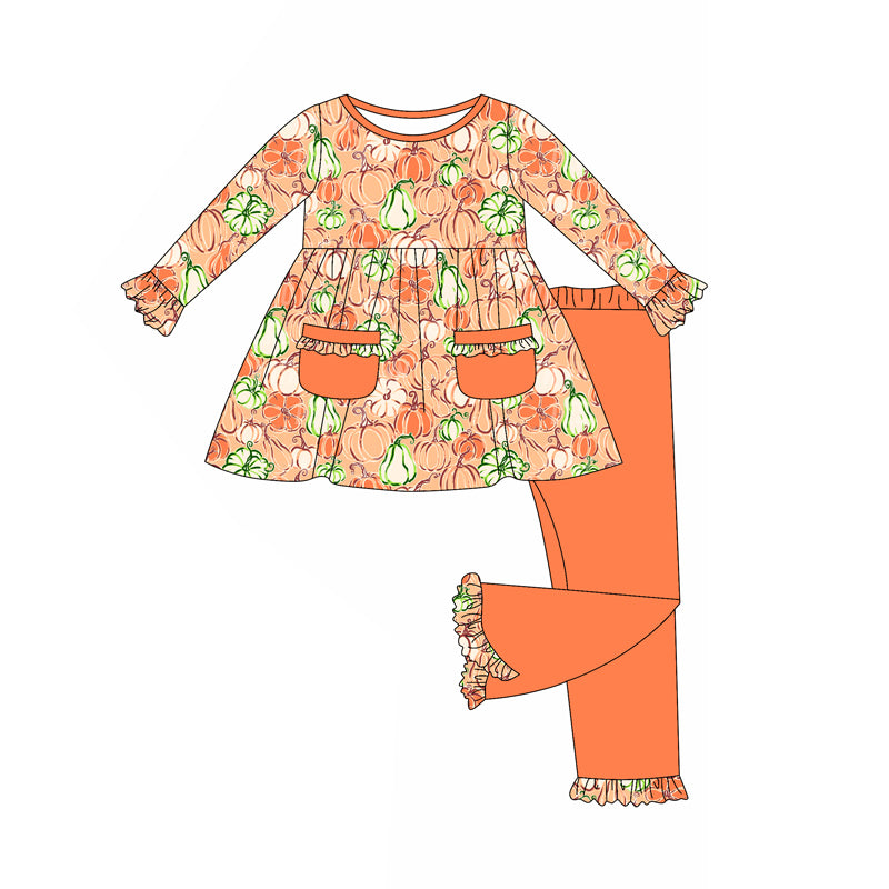 Preorder (moq 5)Baby Girls Long Ruffle Sleeves Pumpkins Plaid Pockets Tunic Pant Set