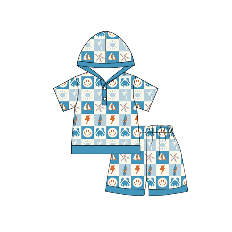 Preorder moq 5 Baby Boys Blue Short Sleeves Smiles Boats Hoodies Top Short Set