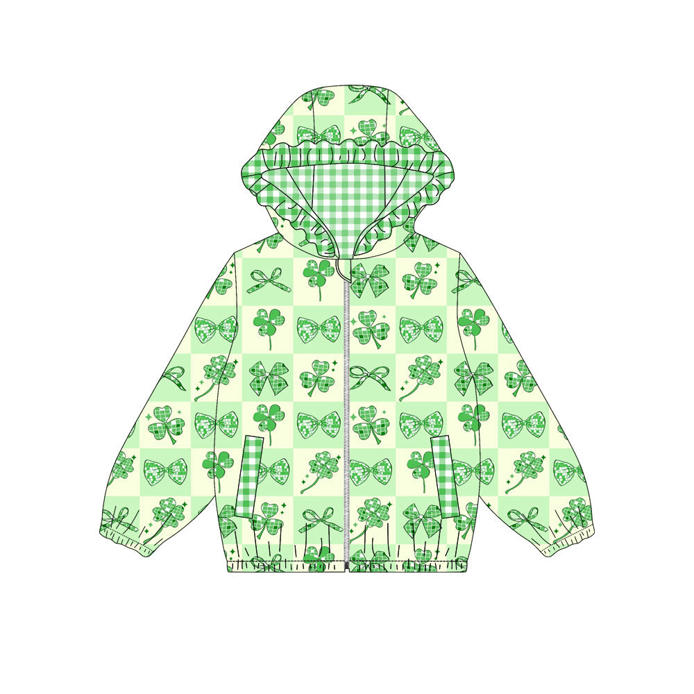 Preorder (moq5) Baby Girls Clovers Bows Checked Zip Pickets St Patrick Ruffle Hoodies Jacket Top