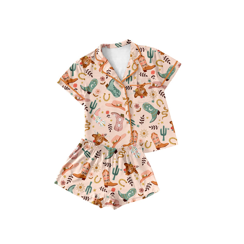Preorder (moq 5)Baby Girls Pink Short Sleeves Button Pocket Boots Cactus Top Short Pajamas Set