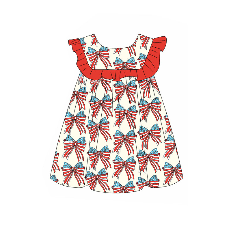 Preorder (moq 5)Baby Girls 4th Of July Bows Ruffles Knee Length Dresses
