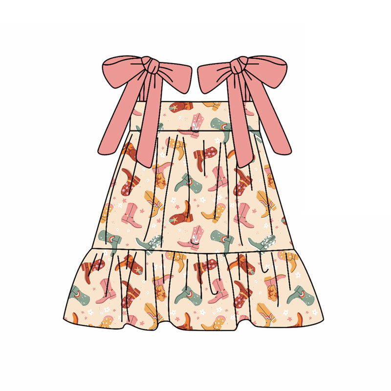 Preorder (moq 5)Baby Girls Pink Strap Colorful Boots Knee Length Dresses