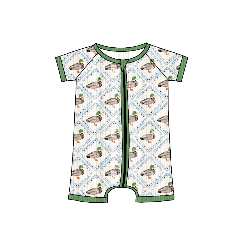 Preorder (moq 5)Baby Boys Green Short Sleeves Ducks Flowers Plaid Zipper Shorts Rompers