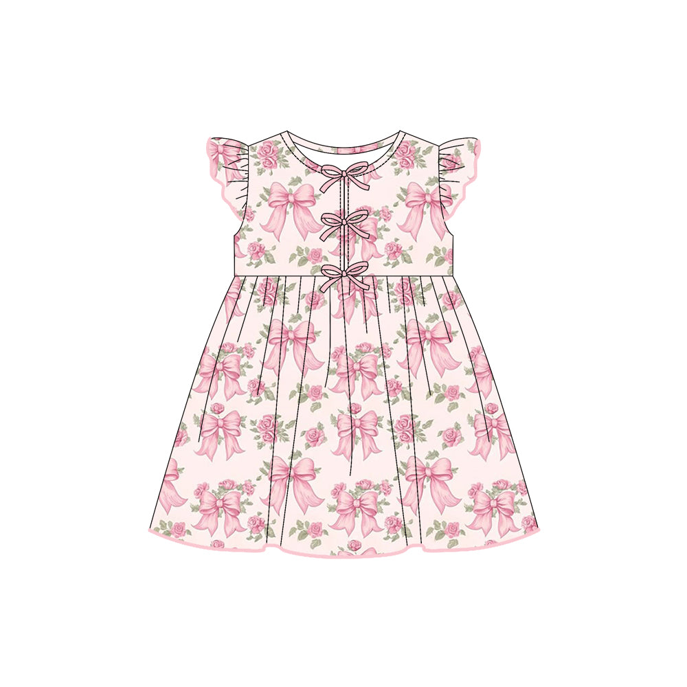 Preorder (moq 5)Baby Girls Flutter Sleeves Pink Bows Flowers Plaid Knee Length Dresses