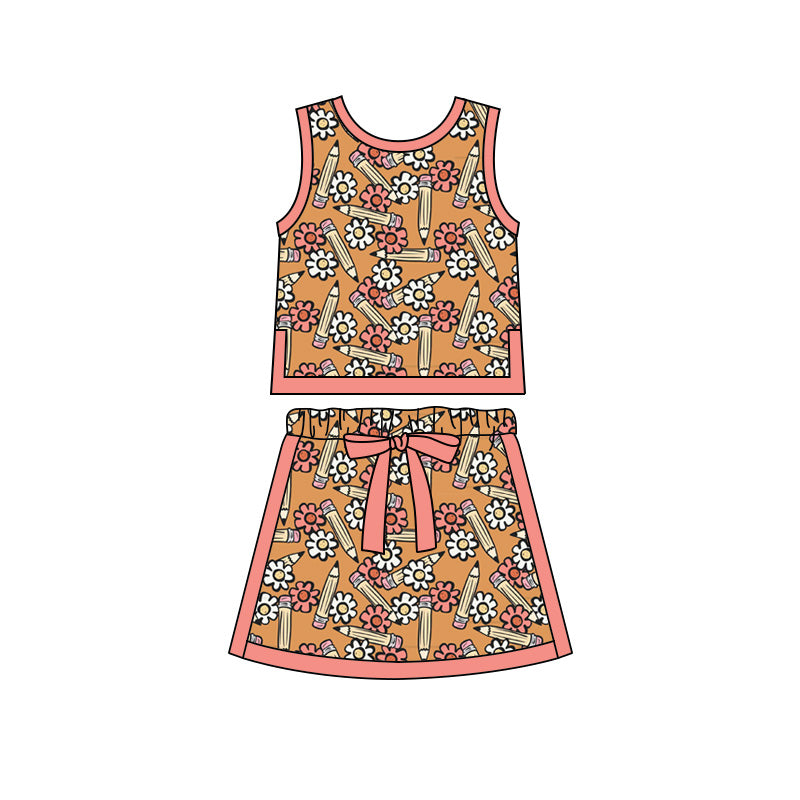 Preorder moq 5 Baby Girls Flower Pencils Vests Skirt Shorts Back to School Clothes Set