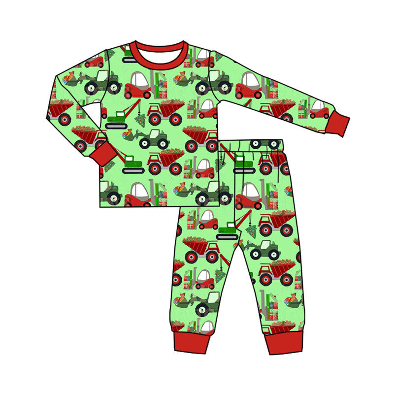 Preorder (moq 5)Baby Boys Green Long Sleeves Excavators Top Pant Pajamas Set
