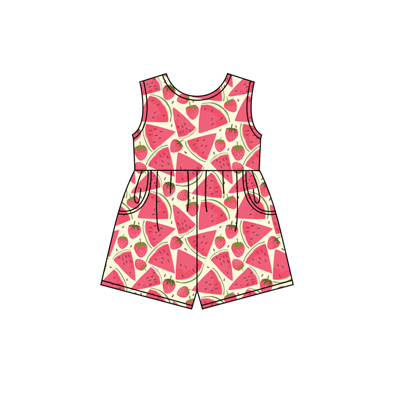 Preorder (moq 5)Baby Girls Red Wateremelon Shorts Pockets Jumpsuits