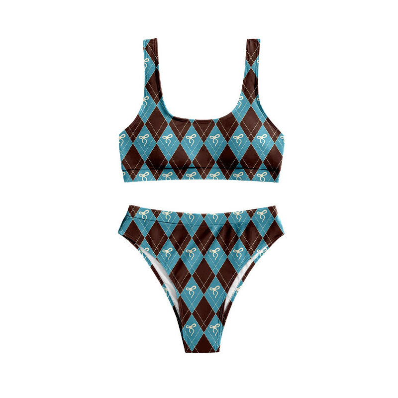 Preorder(moq 5) Baby Girls Brown Blue Checked Bows Top Bummies 2 Piece Swimsuits