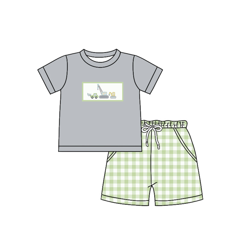 Preorder (moq 5)Baby Boys Lavender Short Sleeves Excavators Top Pockets Green Plaid Short Set