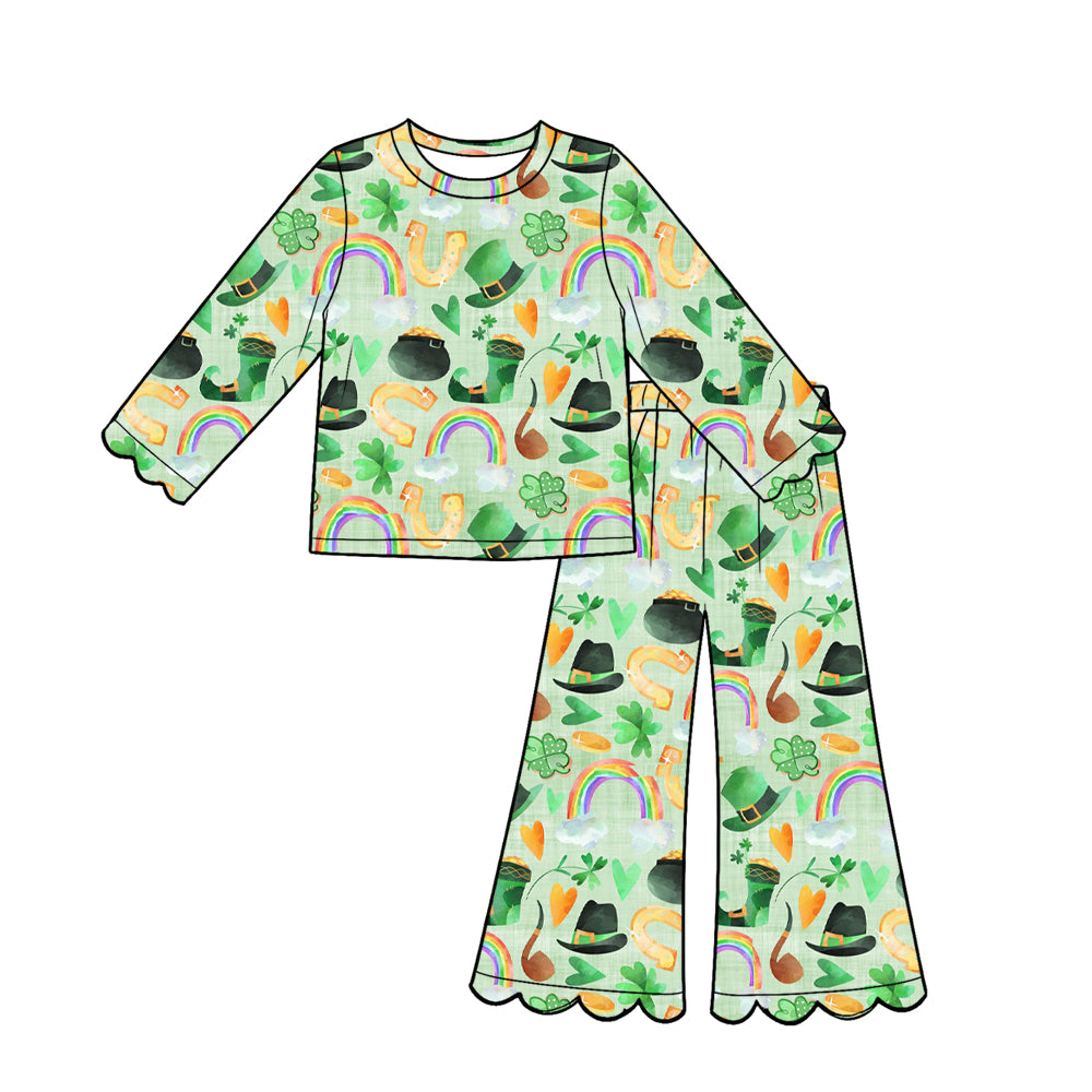 Preorder (moq 5) Baby Girl Watercolor St Patrick Print Long‑Sleeve Top Scalloped Flare Pants Set
