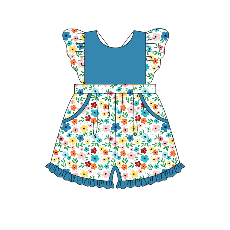 Preorder (moq 5)Baby Girls Blue Flowers Pockets Flutter Sleeve Jumpsuits