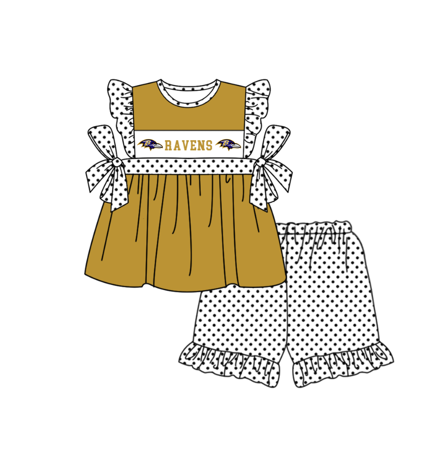 Preorder (moq 5)Baby Girls Flutter Sleeve Ravens Tunic Polka Dots Ruffle Shorts Team Clothes Sets