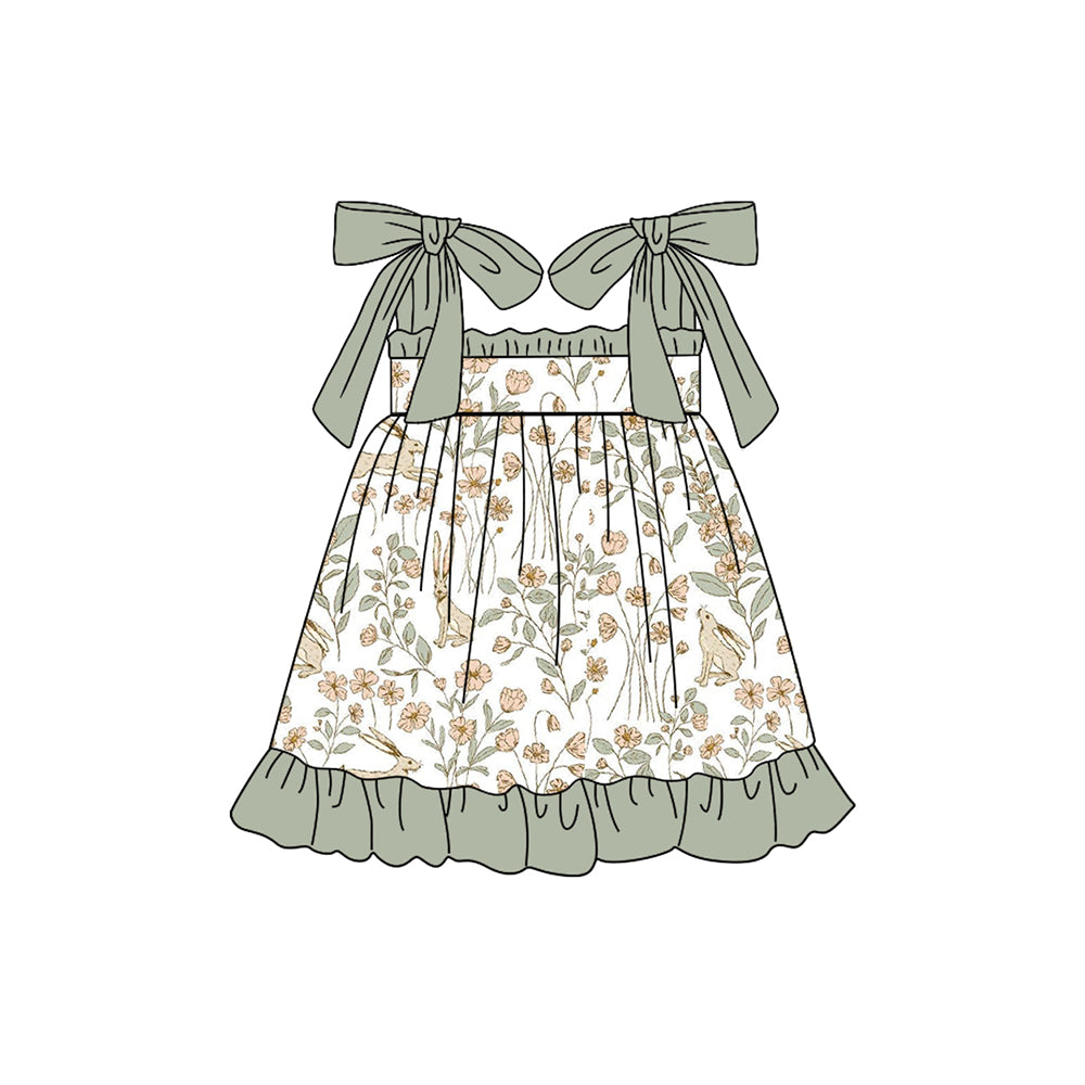 Preorder (moq 5)Baby Girls Easter Rabbits Flowers Straps Knee Length Dresses