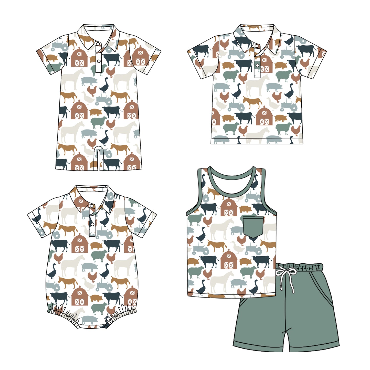 Preorder moq 5 Custom Baby Boys Aqua Short Sleeves Cows Chicks Button Top Short Farm Set Polo Shirts And Rompers